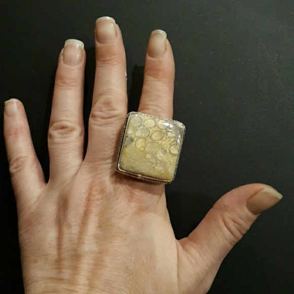 New Oversized Fossil Coral 925 Silver Statement Ring. - Picture 4 of 8